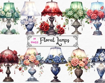 Watercolor Victorian Lamps Clipart - Floral Lamps antique lamp png watercolor PNG format instant download for commercial use