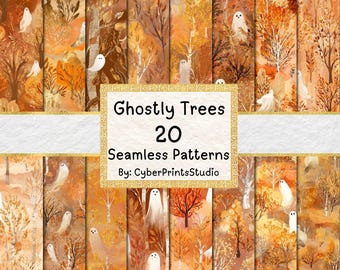 Ghost Halloween Tree Seamless Patterns – Watercolor Ghostly Forest Autumn Backgrounds for Sublimation, Scrapbooking, and Crafts, Card Making