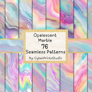 May include: A collection of 76 seamless patterns with an opalescent marble design. The patterns feature swirls of color in shades of pink, blue, purple, and gold. The text "Opalescent Marble 76 Seamless Patterns" is displayed in a gold frame.
