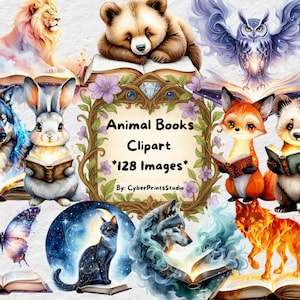 Watercolor Animal Book Clipart Bundle - 128 Magical Forest Creatures and Fantasy Reading Animals PNG for Kids Crafts and Sublimation