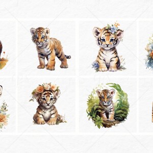 K&ouml;nnte beinhalten: Acht Aquarell-Illustrationen von niedlichen Tigerbabys in verschiedenen Posen. Einige Jungtiere tragen Blumenkr&auml;nze, w&auml;hrend andere von Blumen und Gr&uuml;n umgeben sind. Die Illustrationen sind perfekt, um jedem Projekt einen Hauch von Verspieltheit zu verleihen.