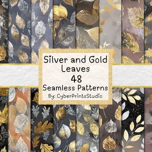 Può includere: Una collezione di 48 motivi senza cuciture con foglie d'oro e d'argento su vari sfondi. L'immagine include il testo "Silver and Gold Leaves" e "48 Seamless Patterns". Motivi di CyberPrintsStudio.