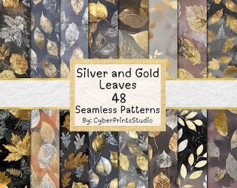 Silver and gold leaf digital paper bundle, metallic autumn leaves seamless background textures for printables and crafts, Junk Journal