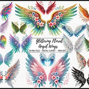 Glittering floral Angel Wings Clipart, glitter Watercolor clipart, Feather wings png, Fantasy Wings Clipart, Heaven Clipart,Digital Download