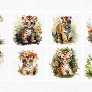 K&ouml;nnte beinhalten: Acht Aquarell-Illustrationen von niedlichen Tigerbabys in verschiedenen Posen. Einige Tiger tragen Blumenkr&auml;nze, w&auml;hrend andere von Gr&uuml;n umgeben sind. Die Tiger sind alle in einem verspielten und niedlichen Stil dargestellt.
