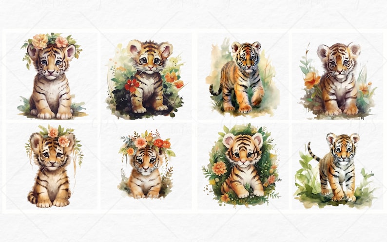 K&ouml;nnte beinhalten: Acht Aquarell-Illustrationen von niedlichen Tigerbabys in verschiedenen Posen. Einige Tiger tragen Blumenkr&auml;nze, w&auml;hrend andere von Gr&uuml;n umgeben sind. Die Tiger sind alle in einem verspielten und niedlichen Stil dargestellt.