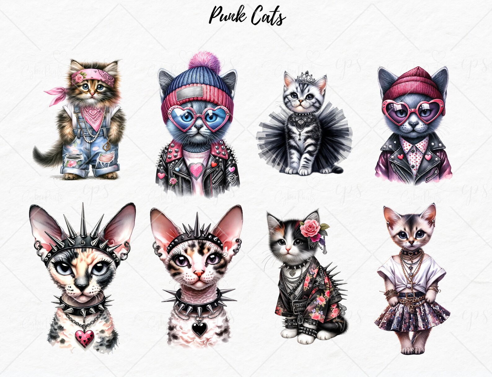 Gothic Punk Rocker Cat Illustrations, Mohawk Kitten, Clipart, Clip Art ...