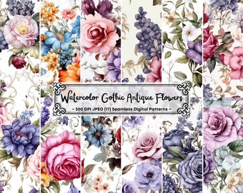 Gothic Flowers Digital Paper, Antique Flowers Seamless Pattern, Floral Prints, Flowers Background, Floral Digital Paper, Scrapbook