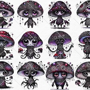 May include: A digital illustration of 10 whimsical mushroom characters with intricate details. Each mushroom has a unique design with a variety of colors, including purple, red, black, and white. The mushrooms have eyes, mouths, and other facial features, giving them a playful and whimsical appearance.