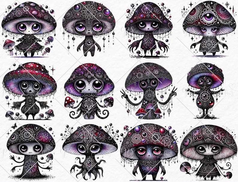 May include: A digital illustration of 10 whimsical mushroom characters with intricate details. Each mushroom has a unique design with a variety of colors, including purple, red, black, and white. The mushrooms have eyes, mouths, and other facial features, giving them a playful and whimsical appearance.