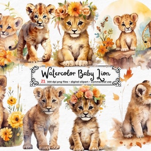 Bebé León Lindo León clipart, Pequeño León Animales León PNG Bebé León Flores Adorable León Sublimación León Imprimible Lindo Safari Zoológico Animales