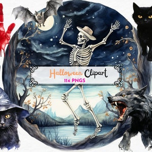 Happy Halloween Clipart, Watercolor Halloween, pumpkin Cat Witch hat, Fall autumn clip art, Party invitation, Instant Download PNG