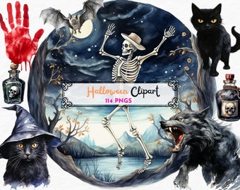Glad Halloween Clipart, Akvarell Halloween, Pumpa Katt Häxa Hatt, Höst Höst Clip Art, Festinbjudan, Direkt Nedladdning PNG