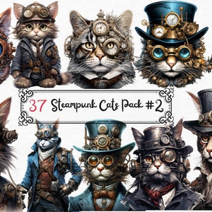 Steampunk Cats Clipart, 37 PNG Steampunk Printables, Junk Journal, Steampunk Ephemera, fabuleux chat, Fussy Cut, Digital Steampunk