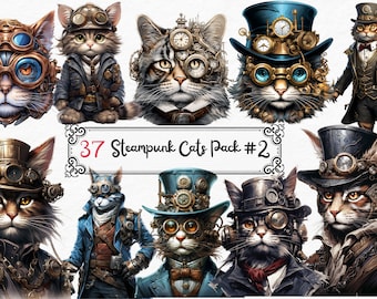 May include: A digital collage of 37 images featuring steampunk cats. The cats are wearing goggles, hats, and other steampunk accessories. The text "37 Steampunk Cats Pack #2" is displayed in the centre of the image.