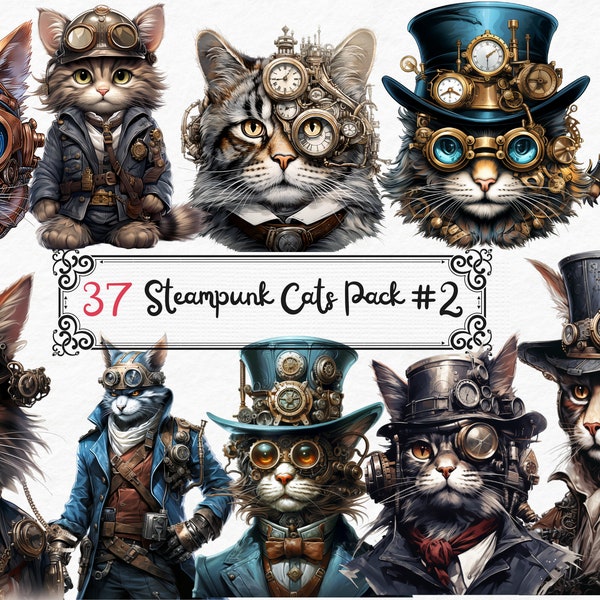 Steampunk Cats Clipart, 37 PNG Steampunk Printables, Junk Journal, Steampunk Ephemera, fabulous cat, Fussy Cut, Digital Steampunk