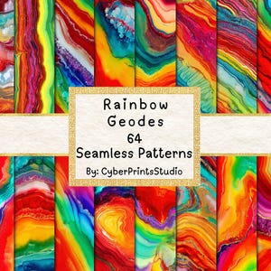 Op de afbeelding: Een verzameling van 64 naadloze patronen met levendige regenbooggeode-ontwerpen. De patronen tonen een spectrum aan kleuren, waaronder rood, geel, groen, blauw en paars, met gouden accenten. Tekst op de afbeelding luidt "Rainbow Geodes" en "Seamless Patterns".