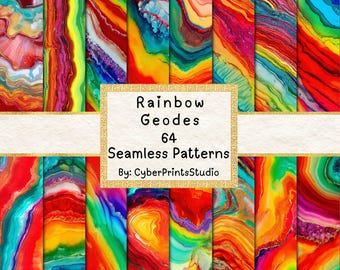 Rainbow Geode Digital Paper Bundle – 64 Seamless Abstract Backgrounds, Bright Watercolor Textures, Fluid Art, 12x12 JPGs for Crafts
