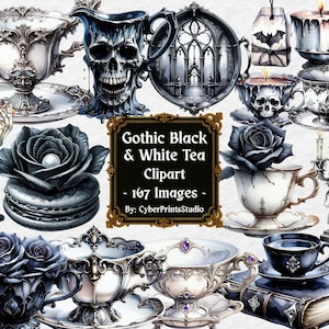 Clipart di tè gotico in bianco e nero: 167 PNG acquerellati con teschi, tazze da tè, rose, candele, macaron, pozioni, pipistrelli e candelabri