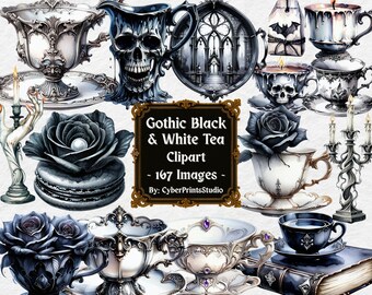 Gothic Black and White Tea Clipart – 167 Watercolor PNGs with Skulls, Teacups, Roses, Candles, Macarons, Potions, Bats, and Candelabras
