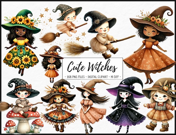 cute witch clipart, kawaii witches, Halloween digital art, autumn witch design, whimsical witches,baby witch clipart,fall witch illustration