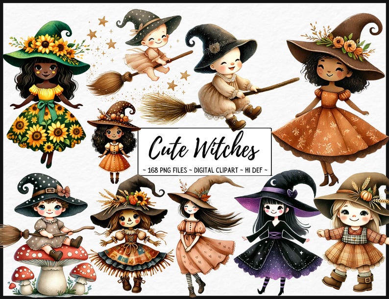 May include: A set of 10 digital illustrations of cute witches with different outfits and accessories. The witches are wearing hats, dresses, and shoes. Some of the witches are holding broomsticks, while others are holding pumpkins or other Halloween-themed items. The illustrations are in a cartoon style and are perfect for use in digital scrapbooking, card making, or other craft projects.