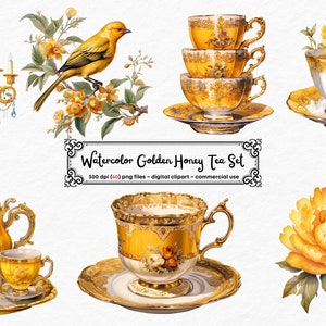 Watercolor Gold Tea Clipart, Honey gold tea cups, garden tea clip art PNG graphics instant download for commercial use