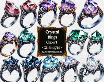 Zestaw kryształowych pierścionków Clipart - 32 Fantasy Ring PNG z kamieniami szlachetnymi, akwarelowa gotycka biżuteria Clip Art, przezroczyste obrazy cyfrowe