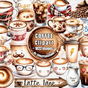 May include: A watercolor illustration featuring various coffee-themed images. The image includes coffee cups, latte art, and iced coffee. Text includes "Coffee Clipart - 1022 Images" and "Latte Lane".