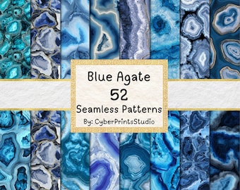 Blue Agate Digital Paper Bundle – 52 Seamless Watercolor Geode Backgrounds and Crystal Textures for Scrapbooking and Sublimation, Invitation