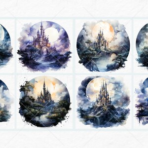 Aquarel Fantasy Castles Clipart - fantasy kasteel nacht landschap landschappen PNG formaat instant download voor commercieel gebruik afbeelding 2