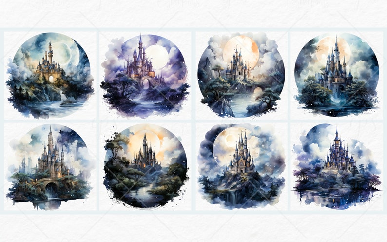 Aquarel Fantasy Castles Clipart - fantasy kasteel nacht landschap landschappen PNG formaat instant download voor commercieel gebruik afbeelding 2
