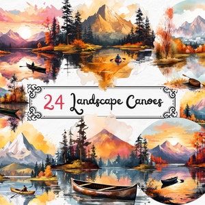 Watercolor Autumn Clipart, Canoe Fall Landscape Png Instant Download, Fall Scene Clipart, Autumn Scenery, Landscape Clipart Bundle