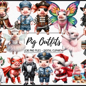Pigs Watercolor Clipart Bundle - 136 PNG Cute Pig Images, Outfits, Adorable  Farm Animal Graphics, Instant Digital Download, Commercial Use
