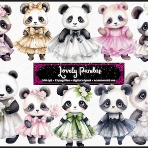 Aquarel panda Beer, panda in jurk, schattige schattige panda, Instant Download, Commercieel Gebruik, junk journal, kinderillustraties