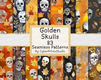 Golden Skulls Seamless Halloween Pattern Bundle – 83 Autumn Skull and Leaf Backgrounds for Sublimation, Junk Journals, and Crafts, Cards
