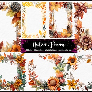 Herfst Frames aquarel clipart bundel PNG herfstbloemen frame-afbeeldingen, bloemenrandafbeeldingen, instant digitale download, commercieel gebruik