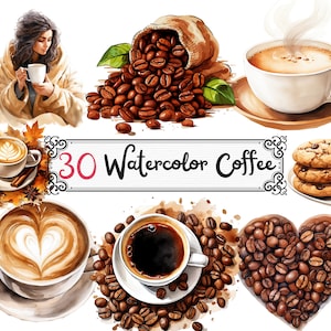 Watercolor Coffee Clip Art, Coffee Cup Clipart Bundle, Coffee Mug PNG, Commercial Use, Instant Digital Download