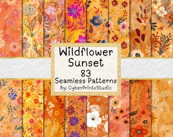 Wildflower sunset digital paper bundle – 83 watercolor floral seamless patterns, autumn floral background JPGs for printables, Card Making
