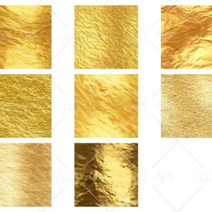 May include: A collection of nine square images featuring various textures of gold foil. The textures vary from smooth to heavily creased, with different shades of gold. The images are arranged in a grid pattern.