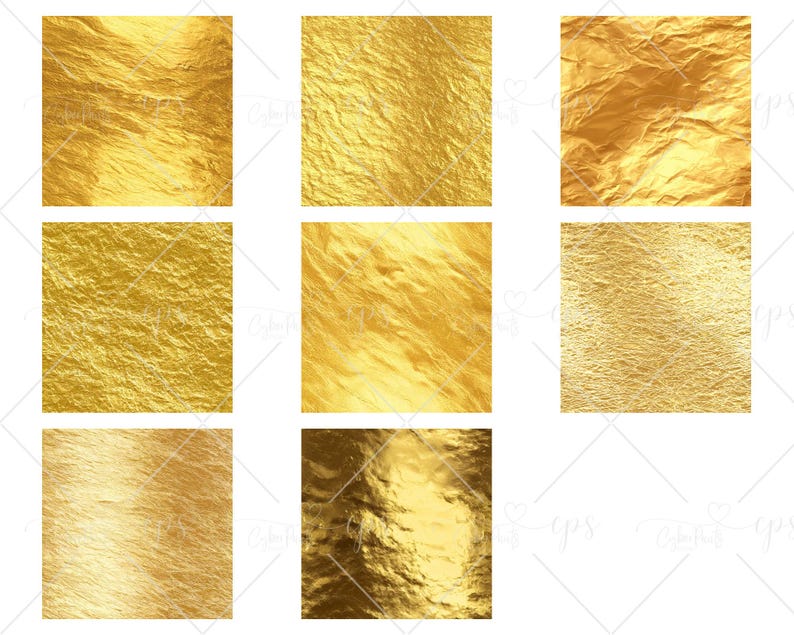May include: A collection of nine square images featuring various textures of gold foil. The textures vary from smooth to heavily creased, with different shades of gold. The images are arranged in a grid pattern.