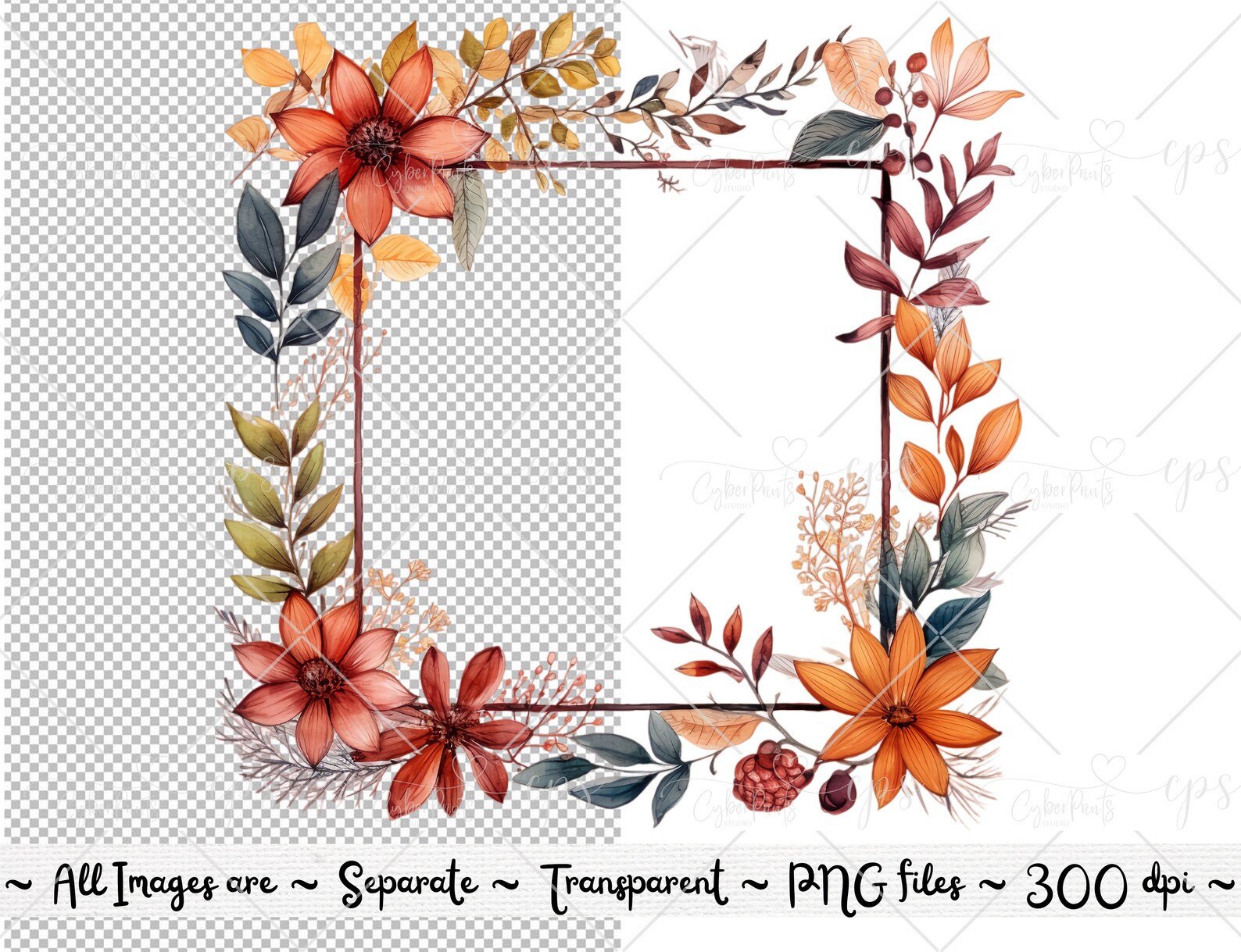 Autumn Frames Watercolor Clipart Bundle PNG Fall Flowers Frame Images ...