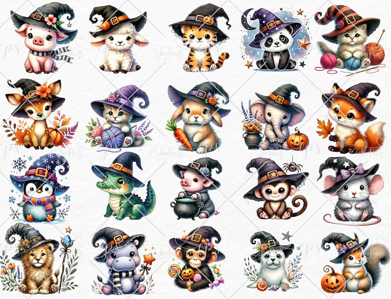 May include: A set of 20 Halloween-themed digital clipart images featuring various animals wearing witch hats. The animals include a pig, deer, cat, bunny, elephant, fox, penguin, alligator, hippo, monkey, seal, and squirrel. The images are in a cartoon style and are perfect for use in digital scrapbooking, card making, and other craft projects.