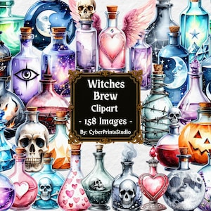May include: A collection of colorful potion bottles with cork stoppers. Some bottles feature skulls, hearts, and celestial designs. The image includes the text "Witches Brew Clipart - 158 Images".