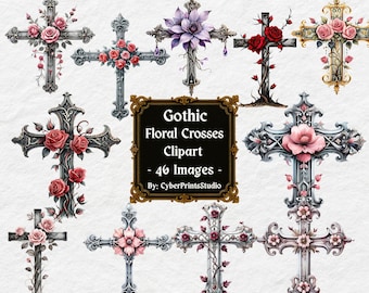 Gothic Floral Cross Clipart Bundle – 46 PNG Images with Roses, Vines, Stained Glass – Watercolor Religious Art for Sublimation and Crafts