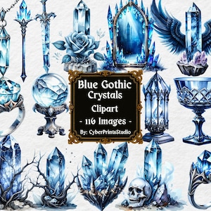 Bundle de cliparts cristal gothique bleu – 116 PNG aquarelles avec baguettes, bagues, têtes de mort, roses, calices, éclats magiques et décoration Dark Fantasy