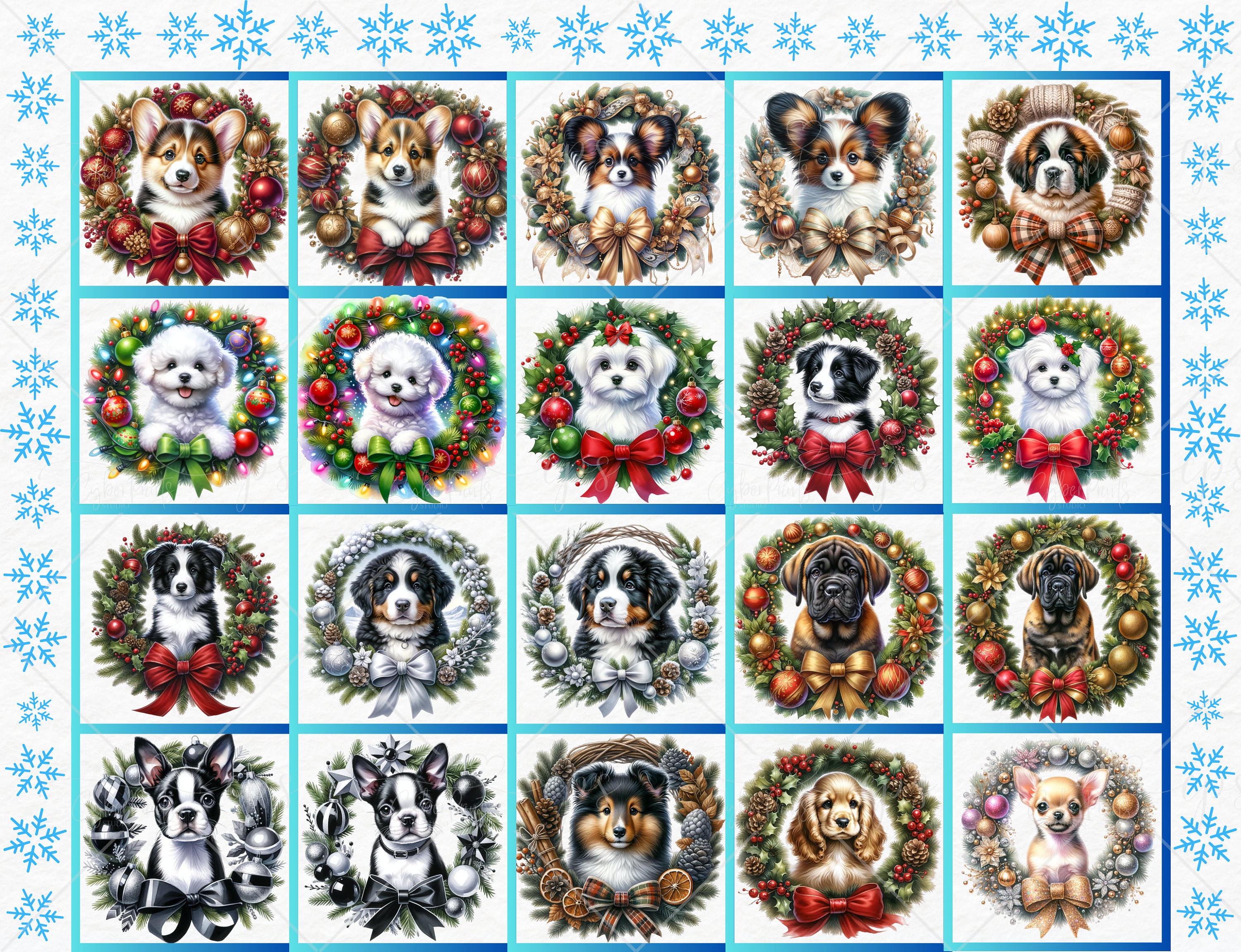 Christmas Puppy Wreaths Watercolor Dog Clipart Bundle - 92 PNG Festive ...