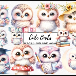 水彩画のかわいいフクロウのクリップアート - 保育園のアート水彩画の森PNG形式の即時ダウンロード、商用利用、ジャンクジャーナル、昇華