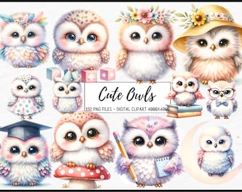 Clipart di gufi carini dell'acquerello - vivaio arte acquerello bosco formato PNG download istantaneo per uso commerciale, diario spazzatura, sublimazione