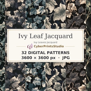 May include: A collection of 32 digital patterns featuring an ivy leaf jacquard design in shades of dark blue, green, and cream. The central text reads Ivy Leaf Jacquard, Ivy Leaves Jacquard, CyberPrintsStudio, 32 DIGITAL PATTERNS, 3600 x 3600 px, JPG.